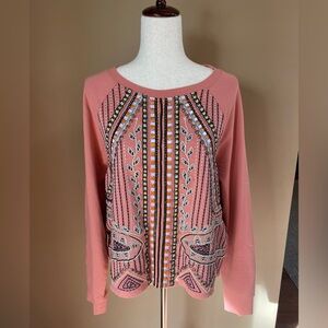 Akemi & Kin Anthropologie Embroidered Embellished Sweatshirt Large Boho Cotton